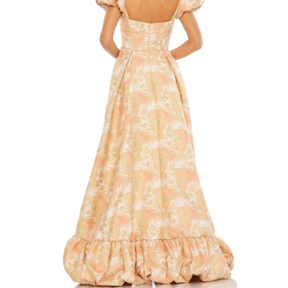 Mac Duggal Peach Gold Floral Puff Sleeve High Low Brocade Gown - Picture 4 of 4